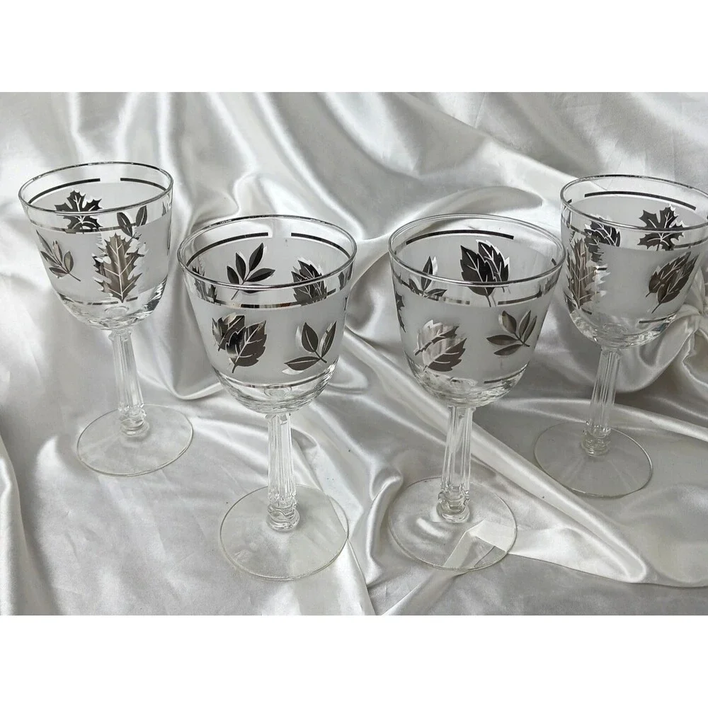 Vintage MCM Libbey Frosted Silver Leaves Water/Wine Goblets-lot of 4